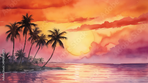A watercolor painting depicting a serene sunset over a tropical beach