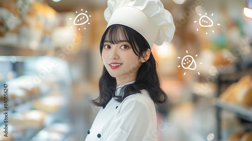 Thai woman in a white patisserie suit , standing alone in a small bakery shop , A few hand-drawn bread and croissant symbols are floating around her photo