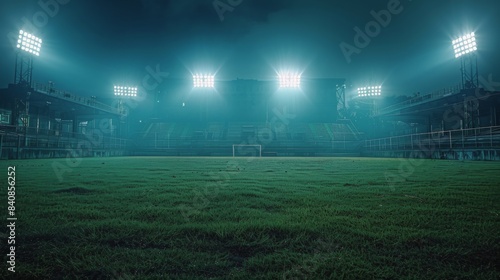 Empty Football Stadium Field At Night With Lights On