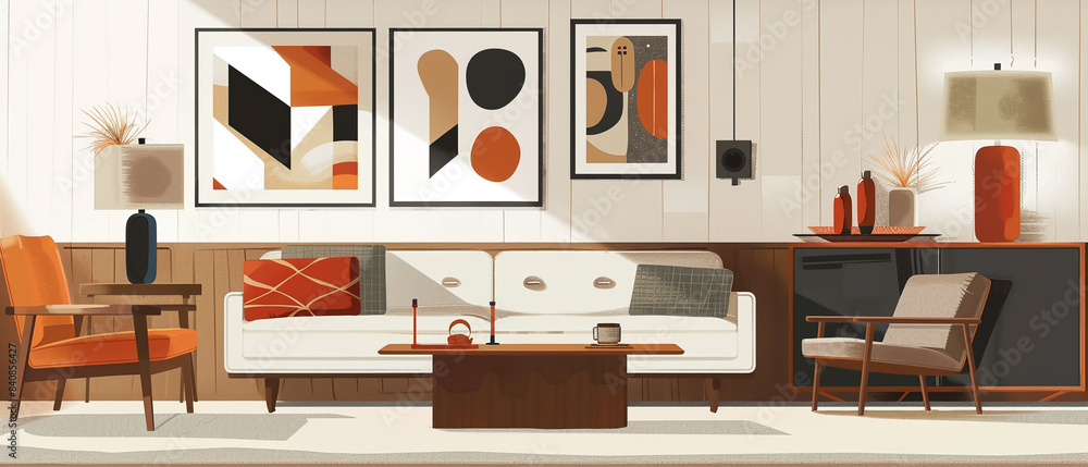 A mid-century modern living room interior design mockup with iconic furniture pieces, bold geometric patterns, a muted color scheme, wooden accents, and a gallery wall of abstract art A mid-century modern living room interior design mockup with iconic furniture pieces, bold geometric patterns, a muted color scheme, wooden accents, and a gallery wall of abstract art