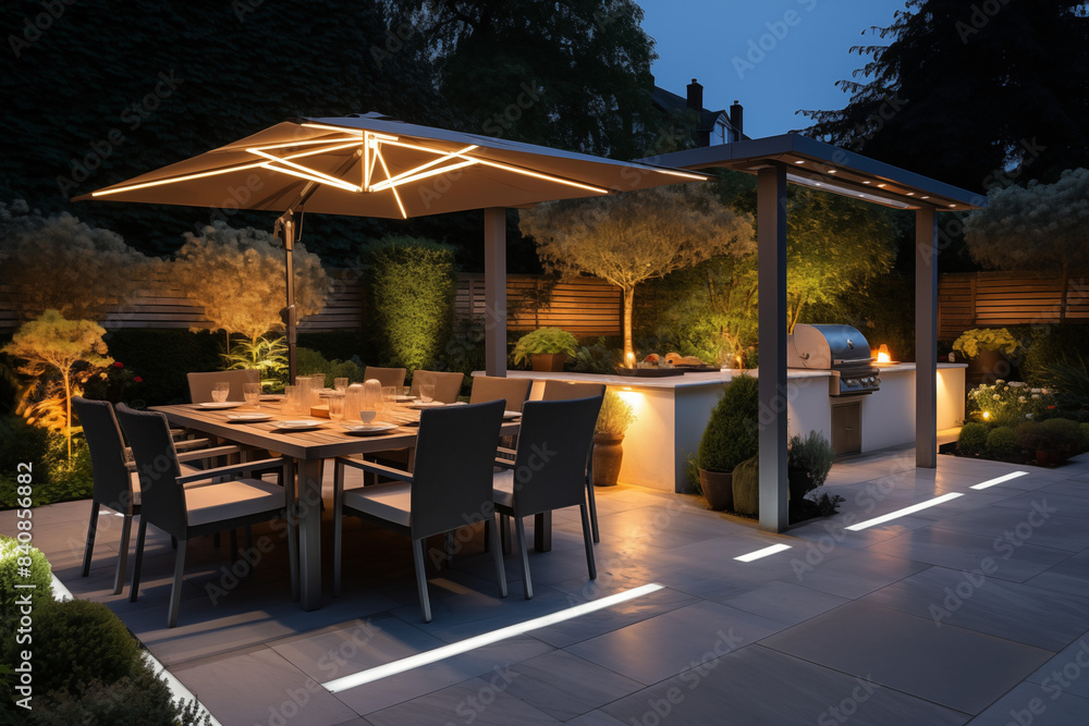 Fototapeta premium A contemporary garden patio with comfortable seating, a fire pit, decorative pillows. Generative AI tools