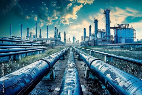 modern oil pipeline with building background, oil storage high tech