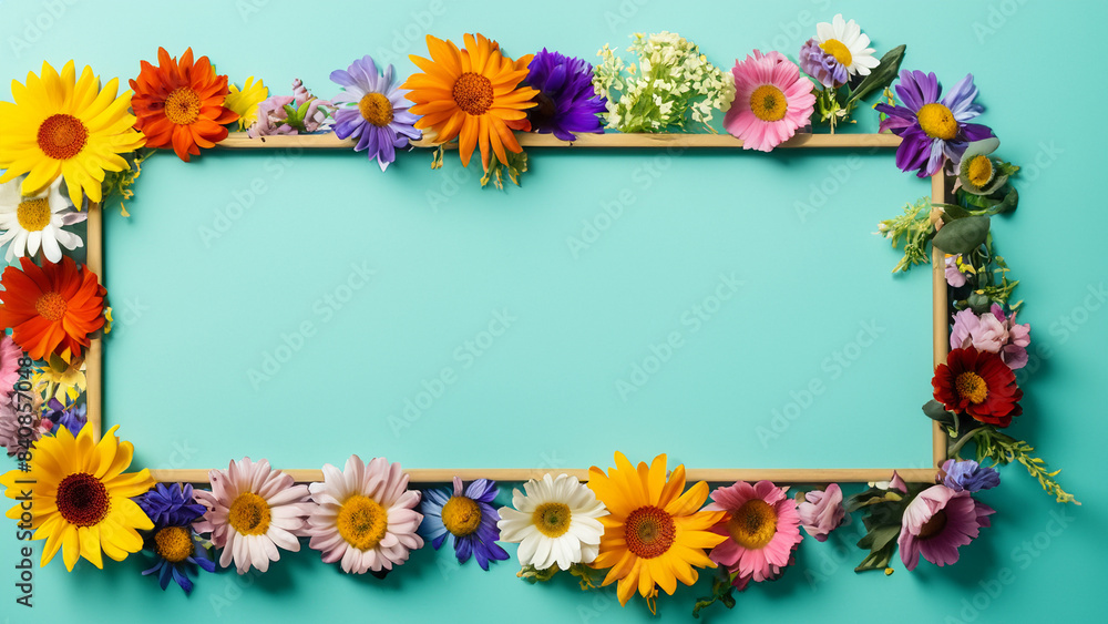 Abstract landscape oriented blank frame encircled by a diverse mix of colorful flowers on a teal background art illustration design Abstract landscape oriented blank frame encircled by a diverse mix of colorful flowers on a teal background art illustration design