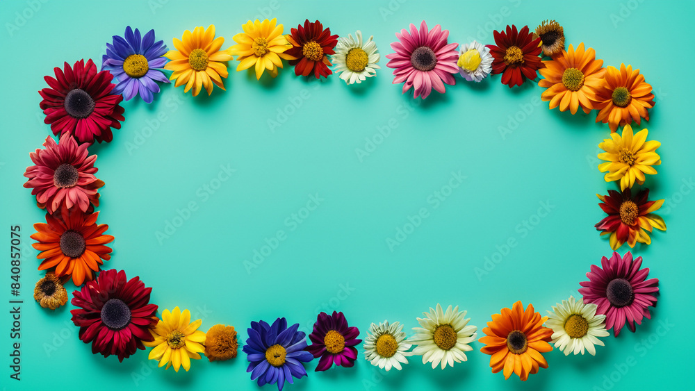 Abstract landscape oriented blank frame encircled by a diverse mix of colorful flowers on a teal background art illustration design Abstract landscape oriented blank frame encircled by a diverse mix of colorful flowers on a teal background art illustration design