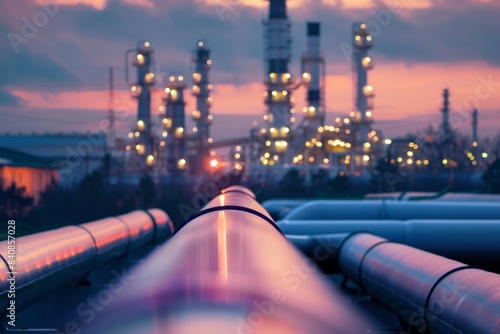 modern oil pipeline with building background, oil storage high tech photo