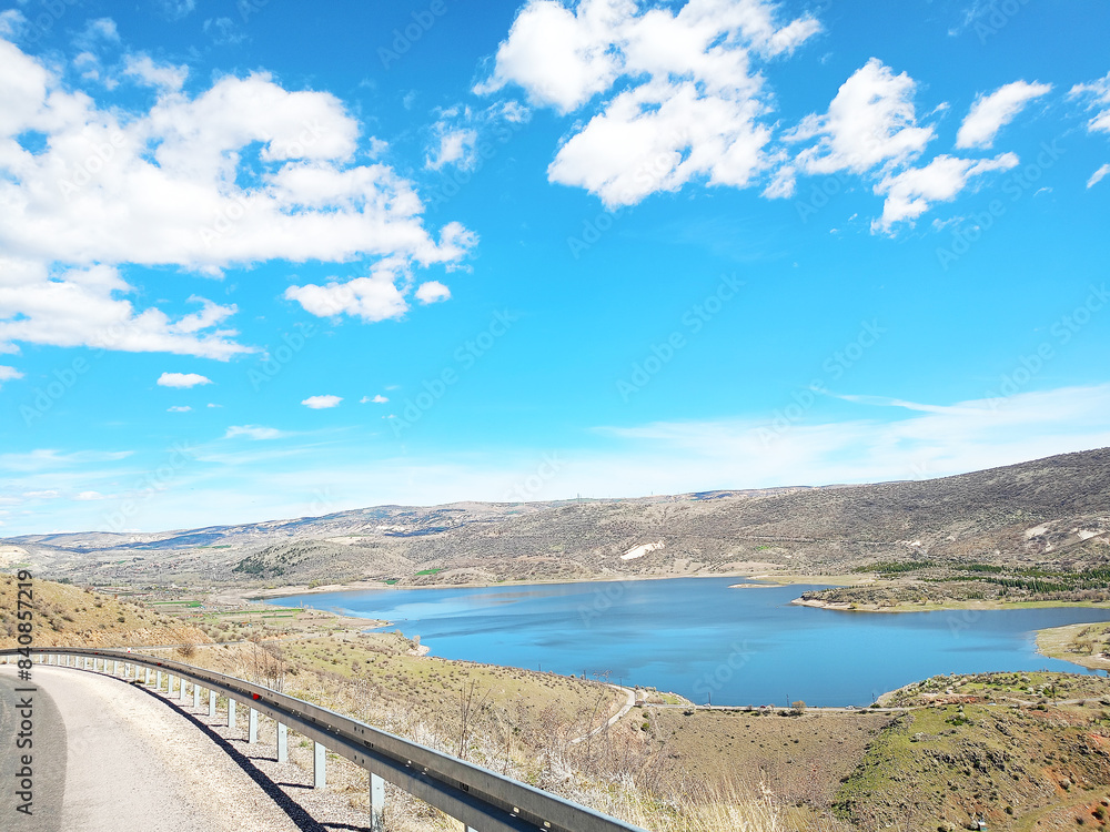 Dam view, low water dam, beautiful, mountain, highway, sunny, sky, road, view, trip, Africa, travel, natural, island, tree, water, route, background, drive, swim, outdoor, landscape, calm, travel, bea