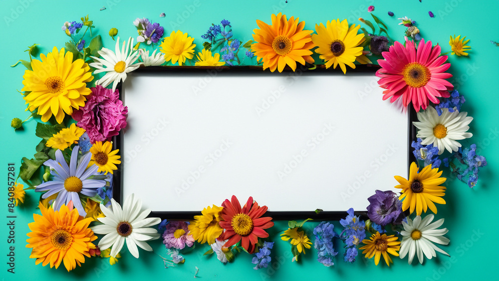 Fototapeta premium Abstract landscape oriented blank frame encircled by a diverse mix of colorful flowers on a teal background art illustration design