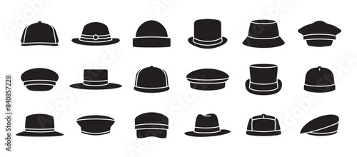 Hat icons set, includes fedora hat icon, Captain, vintage, men's bowler, baseball cap, sun visor, beret, cowboy, bucket, summer hat. Icons set of hats vector illustration on transparent background. ep