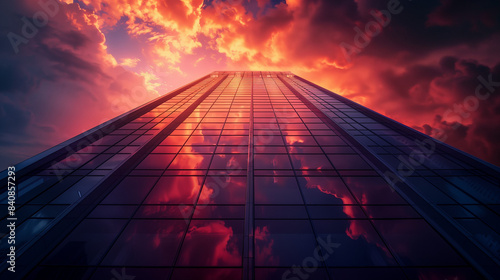 Modern corporate office building captured from a low angle during a vibrant sunset  symbolizing business success  growth  and future development