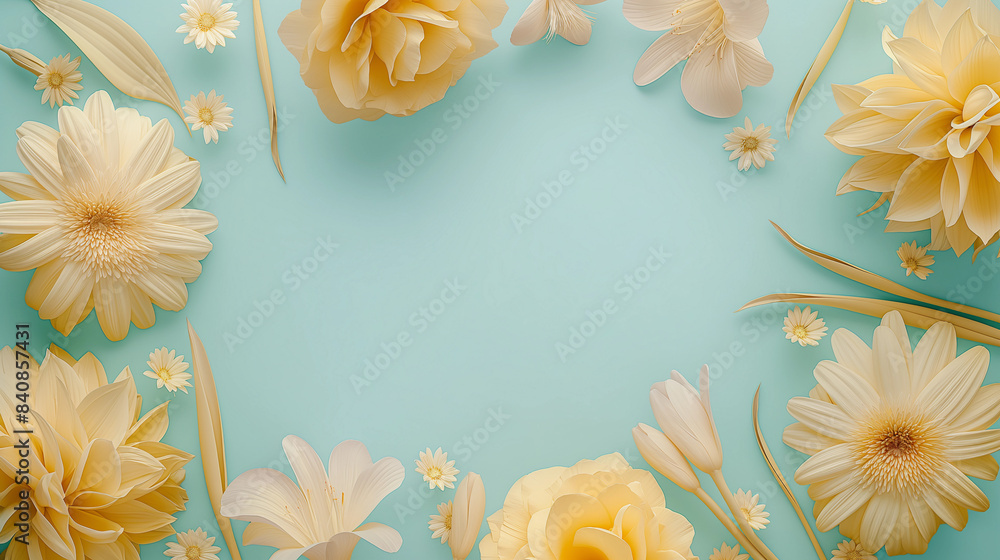 Wallpaper, background of yellow flowers on light blue background, free space for text in the middle.