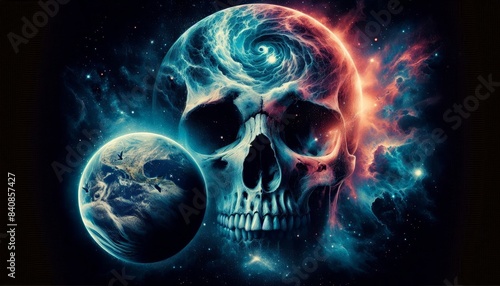 Celestial skull with planetary alignment concept - An evocative space-themed digital art piece featuring a skull with a swirling galaxy and planets photo