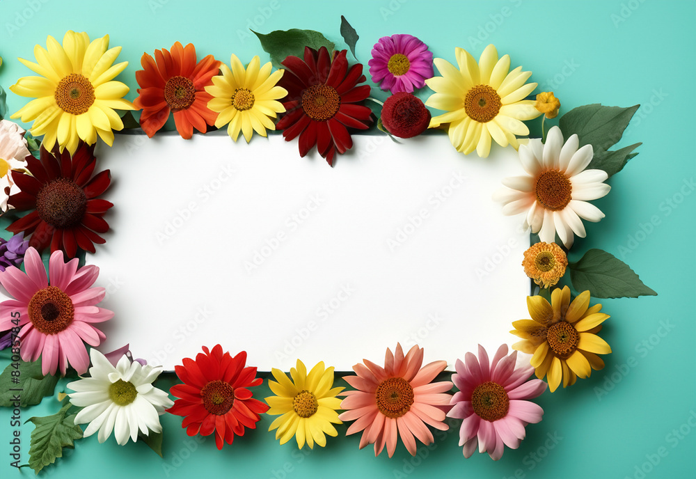 Abstract landscape oriented blank frame encircled by a diverse mix of colorful flowers on a teal background art illustration design Abstract landscape oriented blank frame encircled by a diverse mix of colorful flowers on a teal background art illustration design
