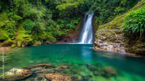 Beautiful waterfall flowing into a crystal-clear pool  surrounded by lush tropical forest.
