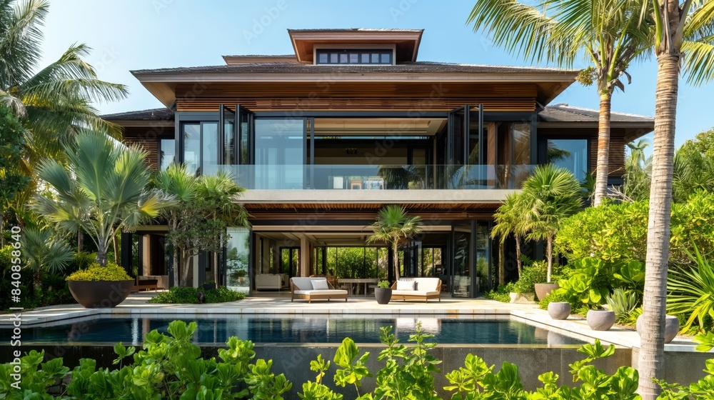 Luxurious modern villa with glass windows, tropical plants, and a pool, perfect for relaxation. Luxurious modern villa with glass windows, tropical plants, and a pool, perfect for relaxation.