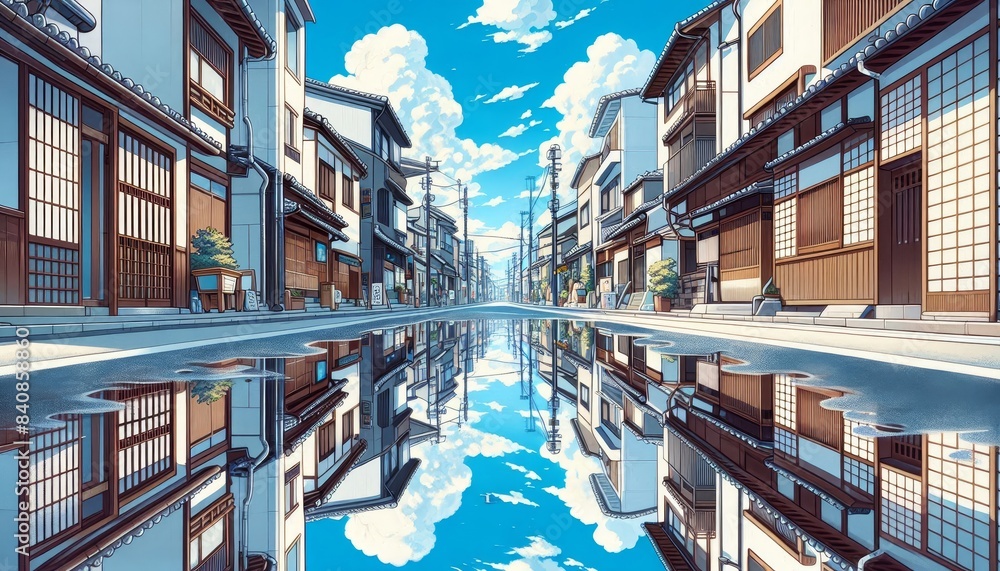 Traditional Japanese street with reflections - Pristine digital illustration of a traditional Japanese street with buildings reflected in a calm water surface