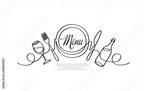 Continuous one single line drawing of plate, fork, knife, bottle of wine and glass. Restaurant menu. Menu food design. Vector illustration.