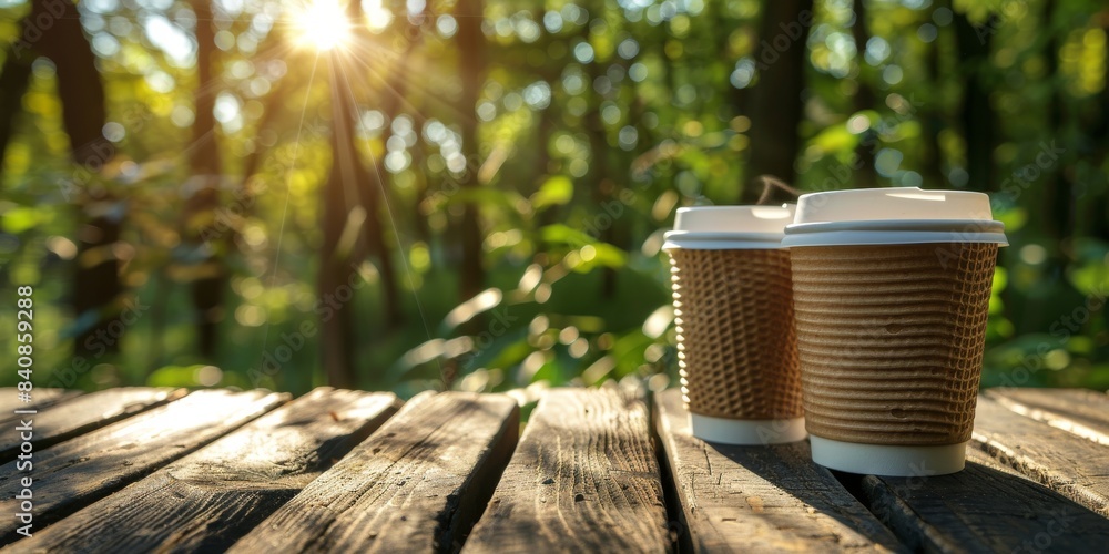 Two Paper Cups of Coffee Resting on a Wooden Bench in a Forest at Sunset Two Paper Cups of Coffee Resting on a Wooden Bench in a Forest at Sunset