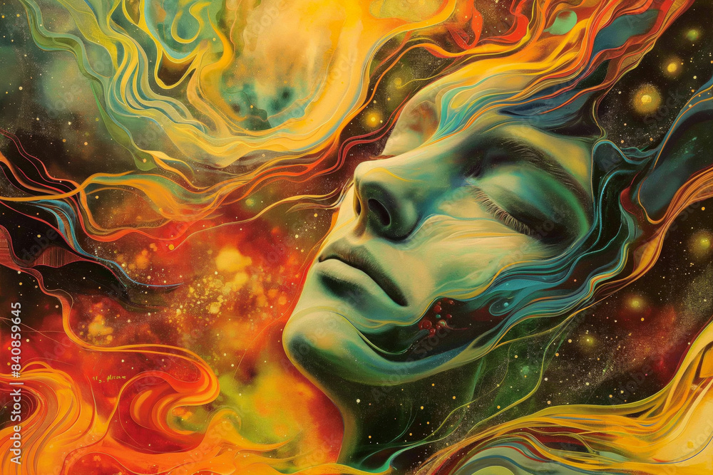 Naklejka premium Surreal and colorful painting of a woman’s face blending with abstract flowing shapes and cosmic elements. The vibrant artwork evokes a sense of dreamlike wonder and imagination.