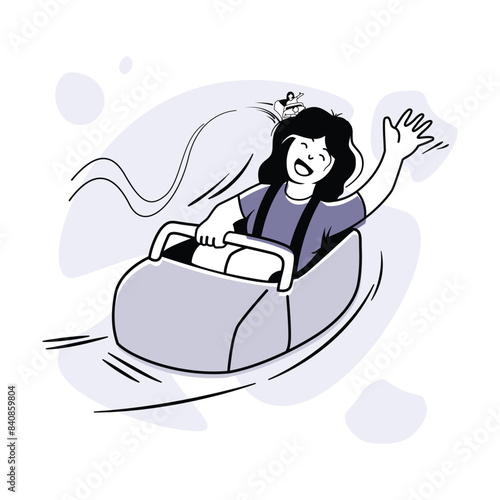 A cheerful girl rides a roller coaster in an amusement park. Family leisure and entertainment vector illustration