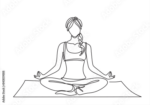 Woman sitting in lotus pose yoga. Continuous one line drawing. Vector illustration
