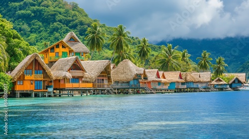 Colorful bungalows with thatched roofs over blue water, lush greenery, and palm trees in the background.