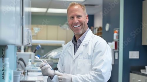 A friendly dentist in a white lab coat smiles while holding a toothbrush  demonstrating his dental expertise and commitment to oral health