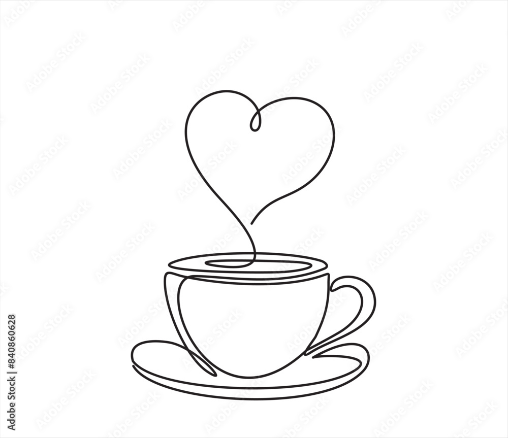One continuous single line of hand drawn with cup of coffee decorated with heart symbol isolated on white background. One continuous single line of hand drawn with cup of coffee decorated with heart symbol isolated on white background.