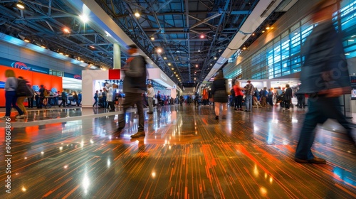 A wide-angle shot captures the vibrant energy of a convention hall at a tech conference, showcasing a multitude of attendees moving through the space