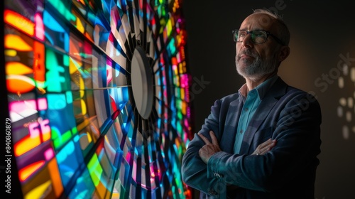 An executive stands with arms crossed in front of a colorful rotating wheel, likely discussing quarterly business data photo