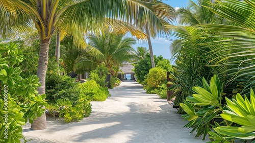 Pathway lined with lush palm trees and greenery leading to a tropical beach resort under a bright sky.