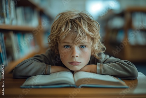 child reading book in library sitting on a desk looking at camera