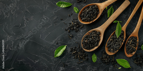 Dry black tea in wooden spoons and green leaves on black background