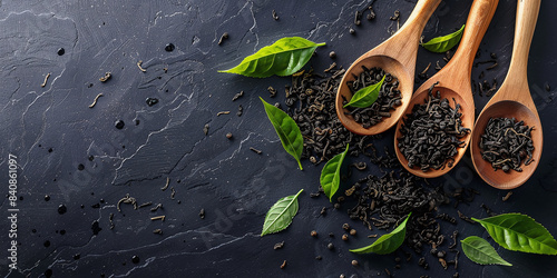 Dry black tea in wooden spoons and green leaves on black background photo