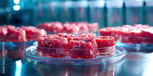 Concept of cultured meat: In a laboratory setting, a petri dish is presented in which meat grown in a laboratory is grown.