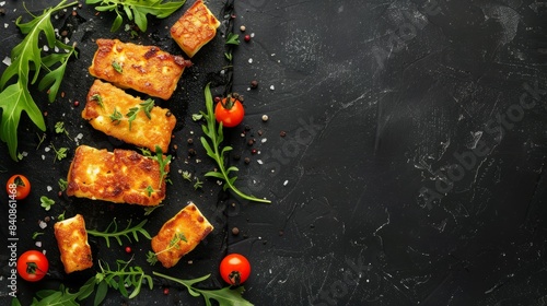 A top-down view of a delicious plate of fried halloumi cheese on a black stone table with copy space to the left. The cheese is surrounded by fresh herbs and cherry tomatoes photo