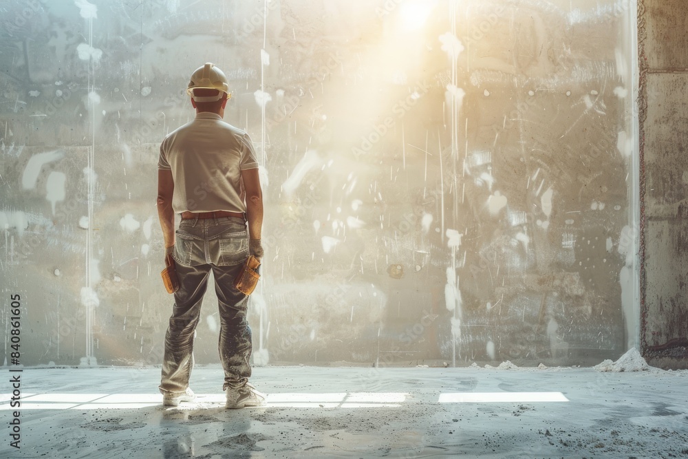 A construction worker wearing a hard hat stands and contemplates a wall in a sunlit, unfinished room.