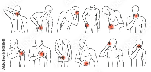 Human body pain spots. Man figures with highlighted areas of pain or discomfort, line art vector illustration set.