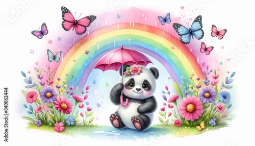 Colorful illustration of panda with rainbow and butterflies - Vibrant artwork featuring a joyful panda with an umbrella under a rainbow surrounded by flowers and butterflies © Mickey