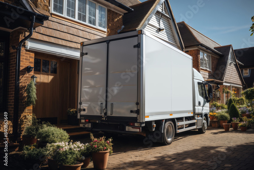 truck and boxes near the house, unloading and moving to another house