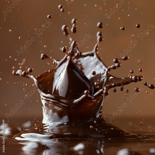 A luxurious piece of chocolate plunges into a serene body of water, creating ripples and splashes, blending two contrasting elements in a mesmerizing display.