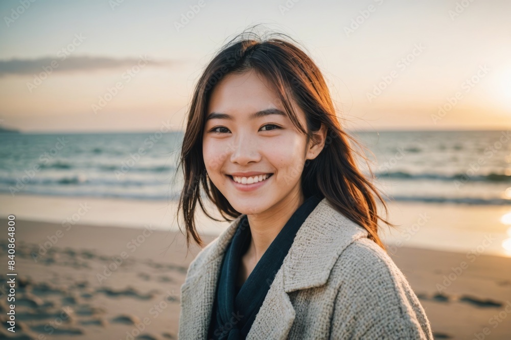 portrait of smiling young japanese woman on the beach portrait of smiling young japanese woman on the beach