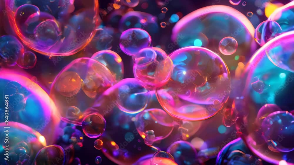 Neon background Kaleidoscope of soap bubbles, spectrum of color and light for celebratory themes and whimsical design projects on dark, flying bubbles Neon background Kaleidoscope of soap bubbles, spectrum of color and light for celebratory themes and whimsical design projects on dark, flying bubbles