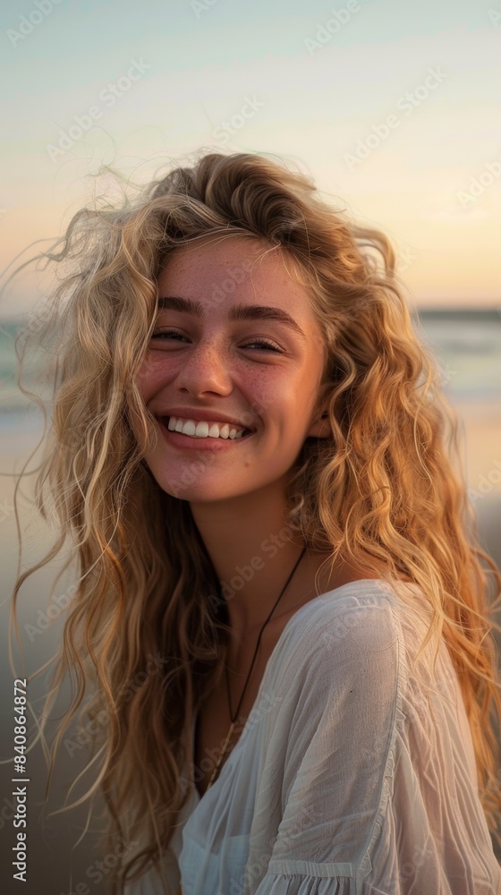 Beautiful woman portrait with blonde curls and a beautiful smile. Seascape at dawn. Close-up portrait of a woman on the beach. Beautiful woman portrait with blonde curls and a beautiful smile. Seascape at dawn. Close-up portrait of a woman on the beach.