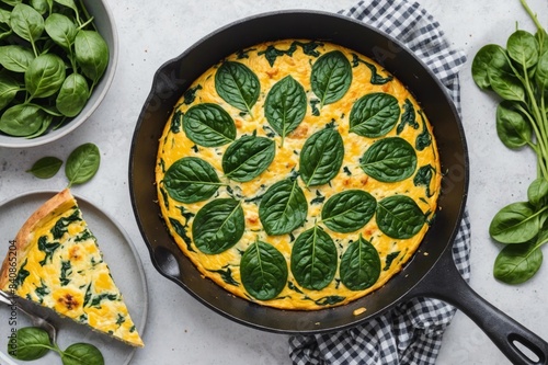 Top view of spinach frittata prepared in skillet photo