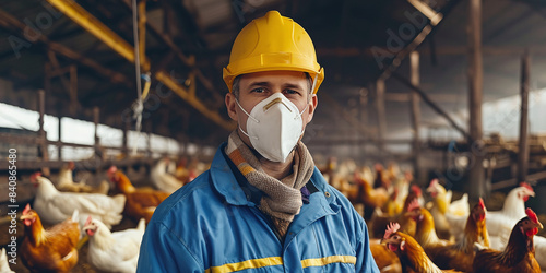 portrait of a farmer at a poultry farm, a farmer wearing a mask and protective suit photo