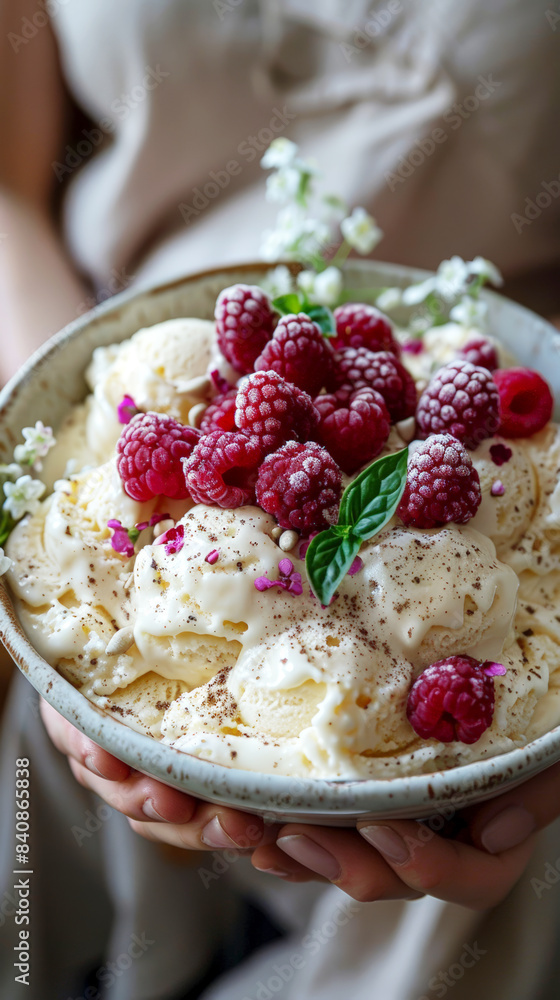 Bowl of vanilla ice cream topped with fresh raspberries and mint leaves, great for dessert recipe ideas. Bowl of vanilla ice cream topped with fresh raspberries and mint leaves, great for dessert recipe ideas.