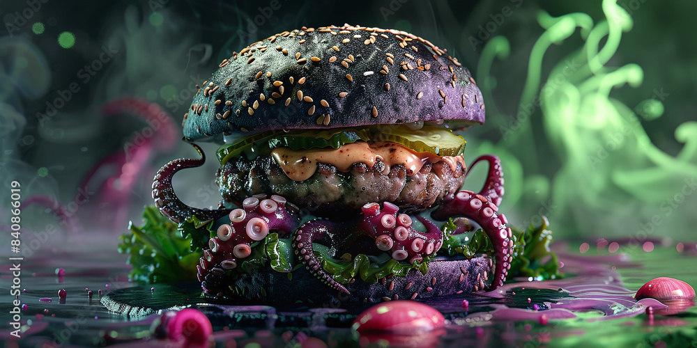Black burger with fried octopus and vegetables Black burger with fried octopus and vegetables