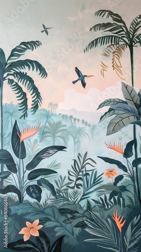 Illustration of tropical wallpaper print design with palm leaves  monstera leaves  birds and texture. Exotic plants and birds on textured background. AI generated illustration