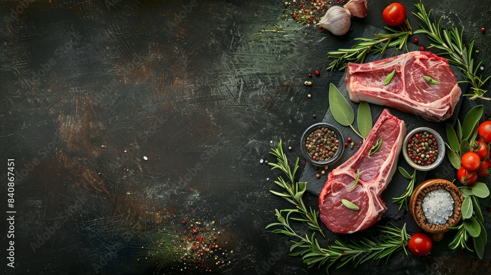 Two raw, organic pork cutlet chops arranged on a dark background with fresh rosemary, thyme, garlic, cherry tomatoes, and peppercorns