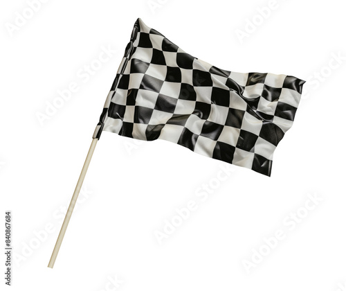 Black white race chequered or checkered flag with wooden stick isolated on transparent background. motorsport car racing symbol concept photo